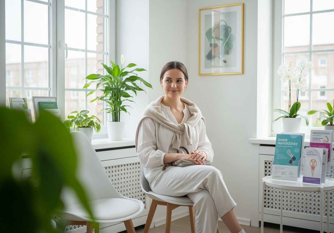 Mladá žena sedí v moderní čekárně gynekologa, v klidné a pohodlné atmosféře před vyšetřením
