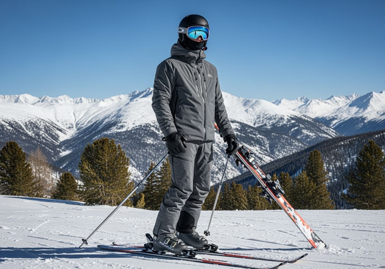 Osoba v lyžařském vybavení stojí na zasněženém svahu s lyžemi a holemi pod modrou oblohou.