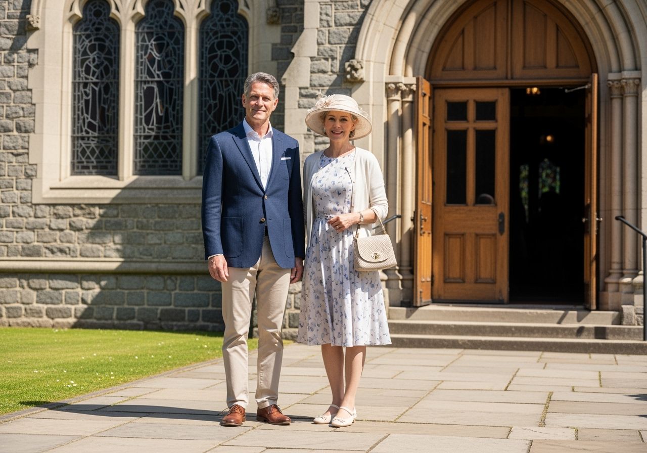 Muž a žena v elegantním oblečení stojí před kostelem v nedělním dopoledni.