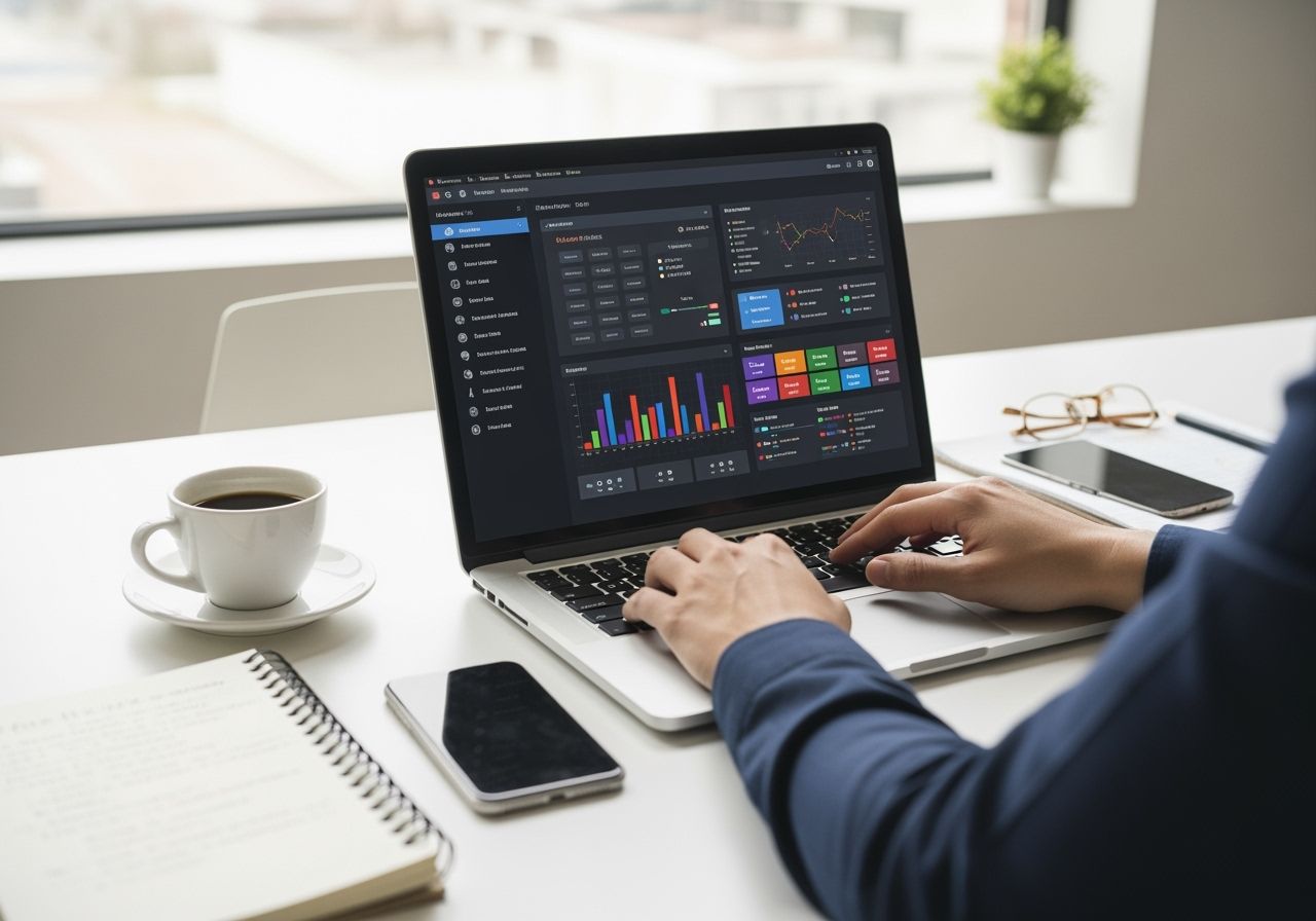 Pracovní prostor s laptopem zobrazujícím barevný dashboard, rukama na klávesnici a šálkem kávy na stole