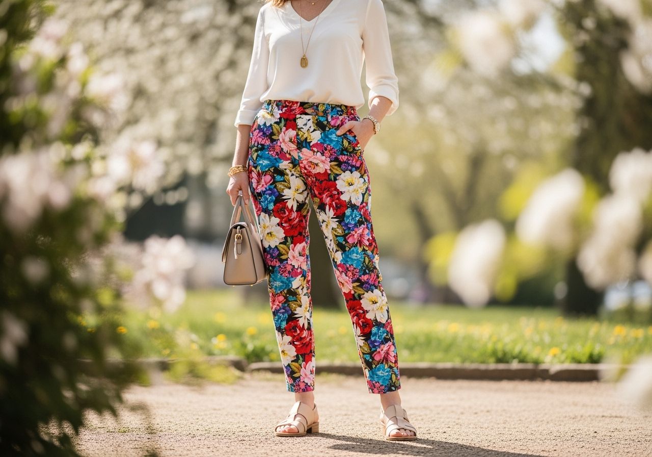 Žena v květovaných kalhotách a bílé blůze stojí venku na jaře, obklopena květinami a zelení.