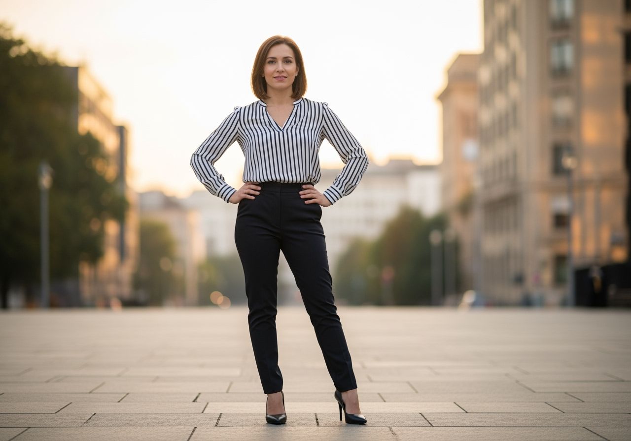 Stylová drobná žena ve městě, pruhovaná košile a kalhoty, podpatky, pozdní odpolední světlo