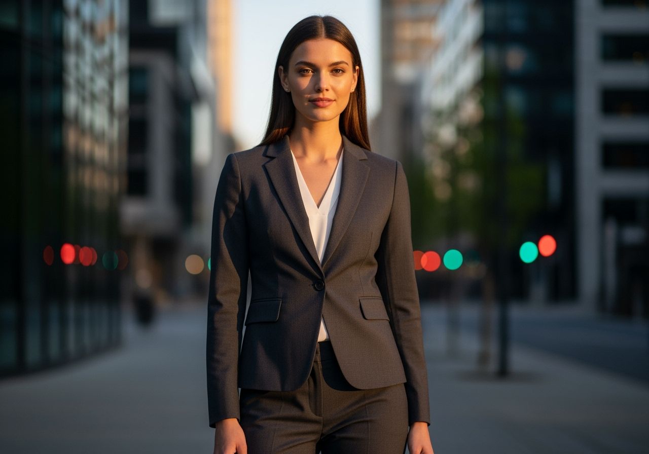 Mladá žena v moderním saku stojí ve městě za zlaté hodiny, s přirozeným úsměvem a městským pozadím