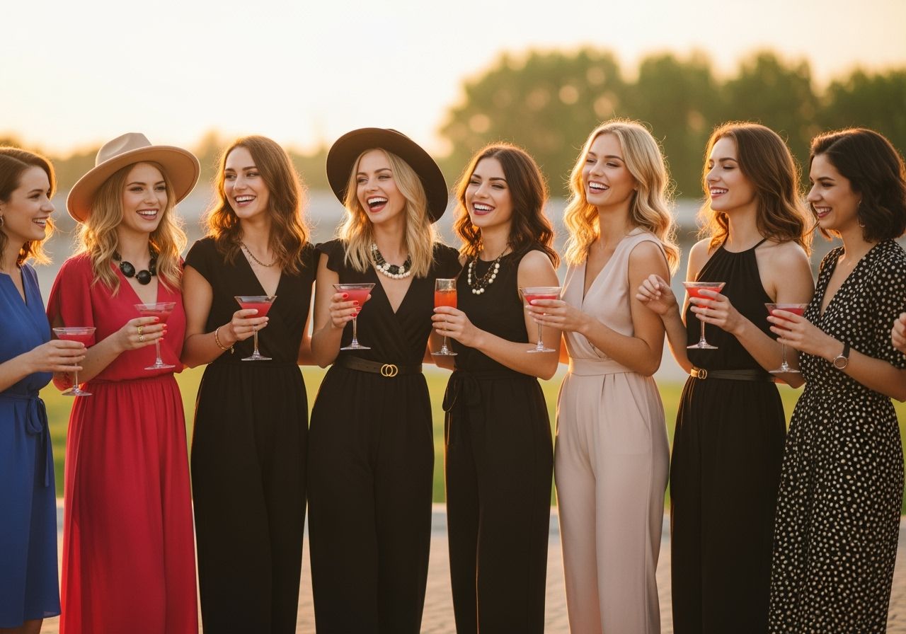Skupina přátel na rozlučce se svobodou venku s barevnými koktejly a módními outfity za zlaté hodiny