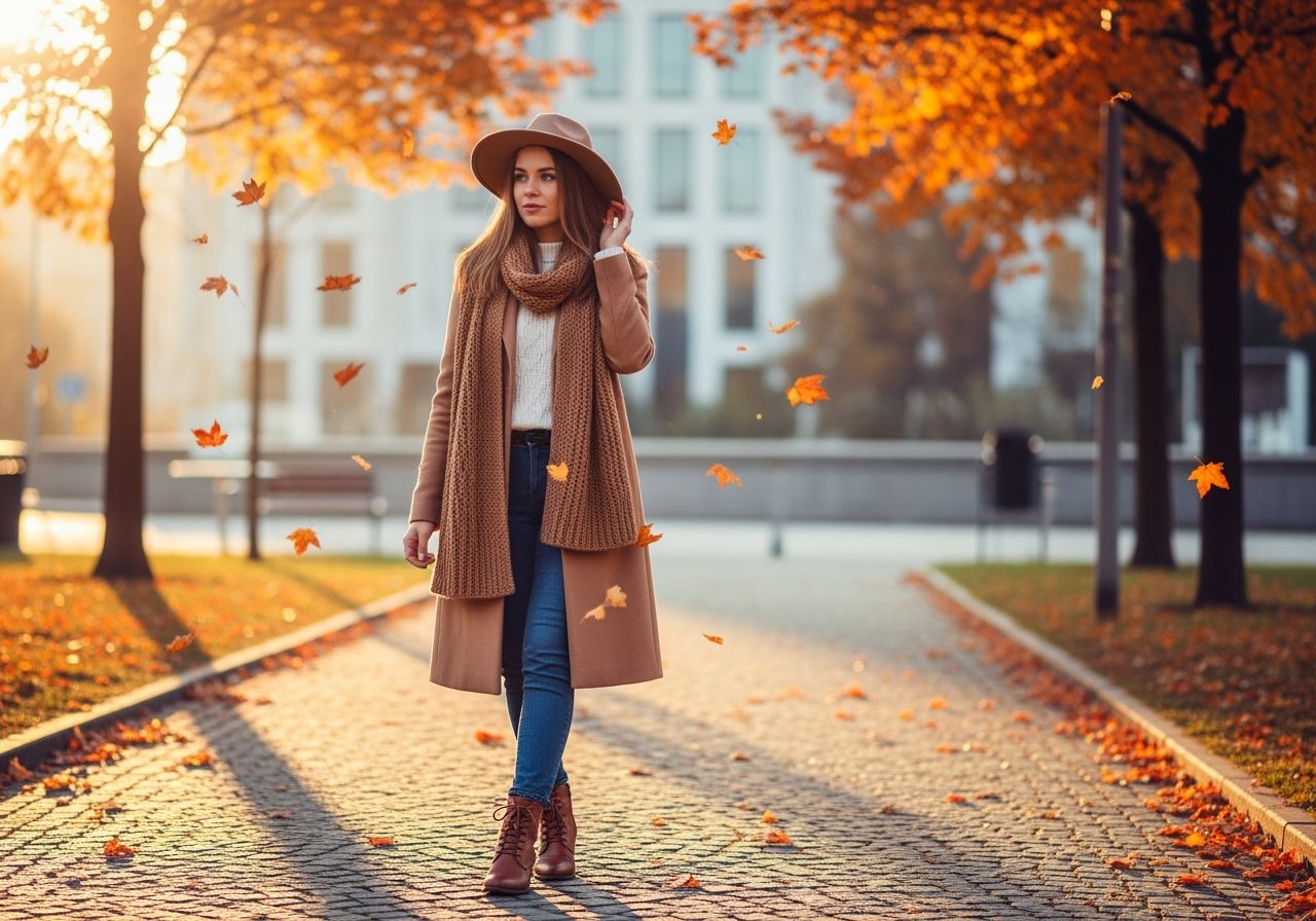 Mladá žena v městském parku na podzim v kabátu, šále, kožených botách a klobouku, barevné listí kolem ní.