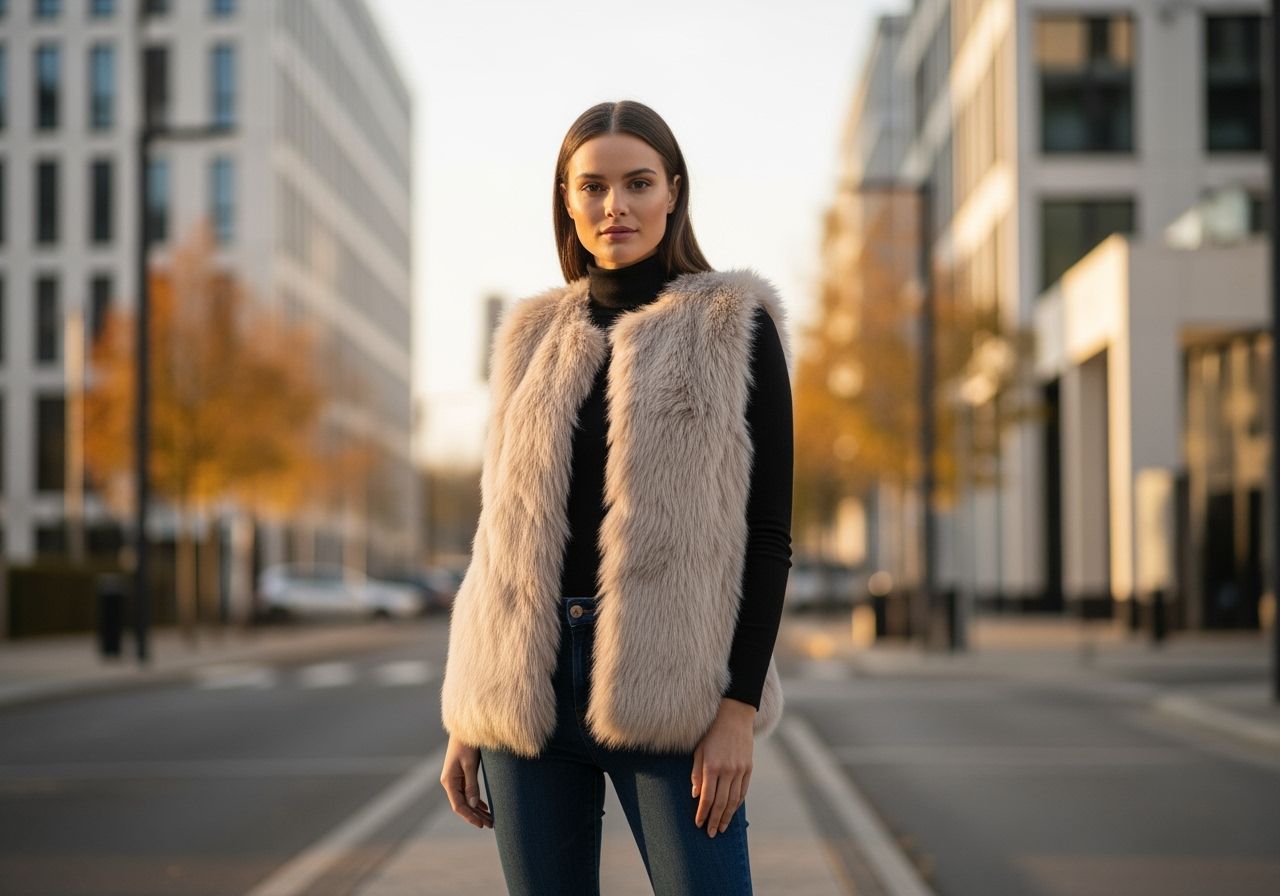 Žena v béžové kožichu a černém roláku na ulici při zlaté hodině s rozmazaným městským pozadím