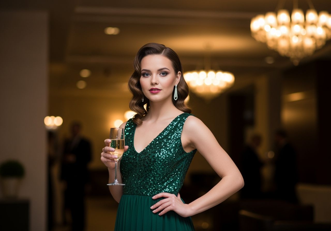 Mladá žena v zelených šatech drží sklenku šampaňského na elegantní párty v moderním prostředí.