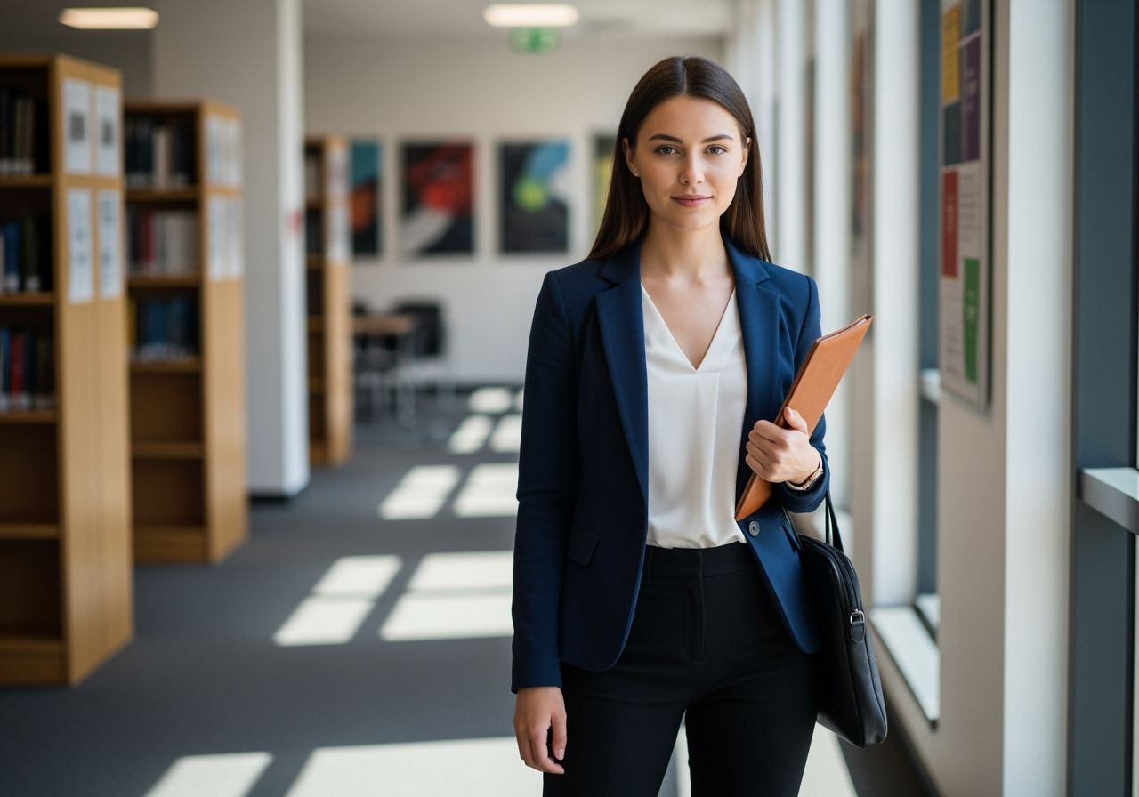 Mladá žena v univerzitní chodbě drží složku a tašku, připravená na obhajobu magisterské práce.