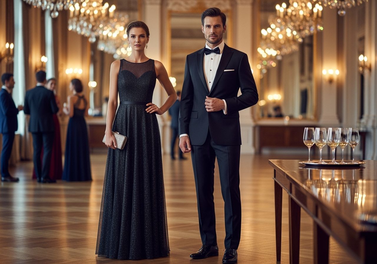 Muž v černém smokingu a žena v tmavých šatech stojí v elegantní sále při galavečeru.