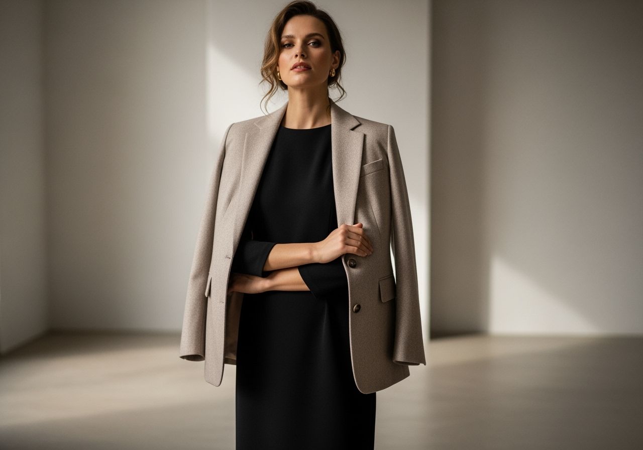 Žena v černých šatech a béžovém saku stojí v minimalistickém interiéru s jemným osvětlením.
