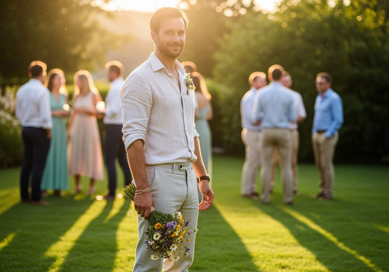 Ženich v zahradě v letním oblečení drží kytici divokých květin, hosté v pozadí.