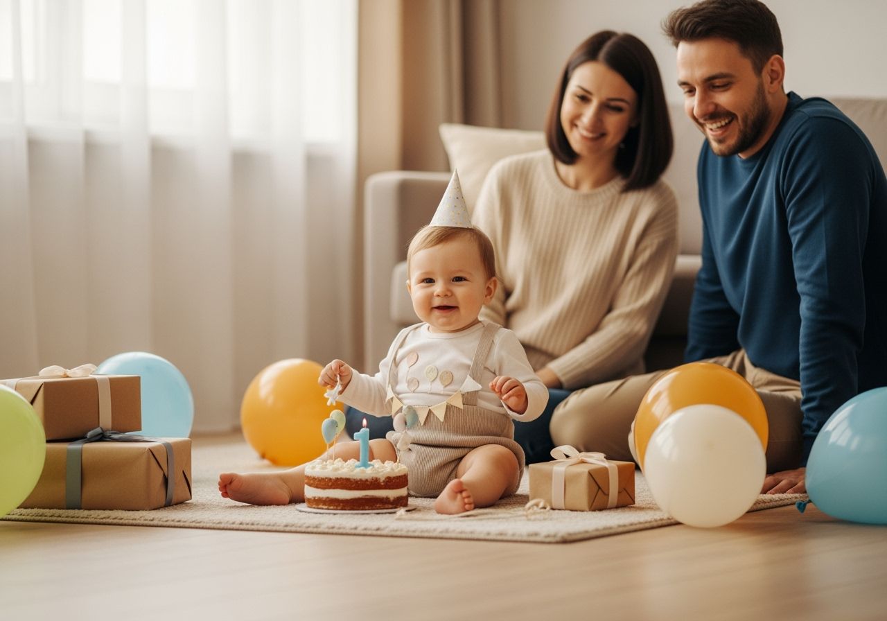 Šťastné batole v pastelovém oblečení slaví první narozeniny doma s dortem, balónky a rodiči v pozadí