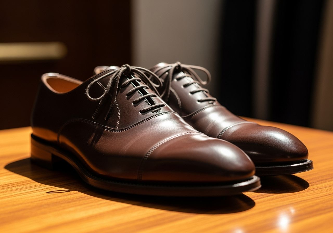 Pár klasických hnědých pánských Oxford bot na dřevěném povrchu s detailním vázáním a jemným světlem