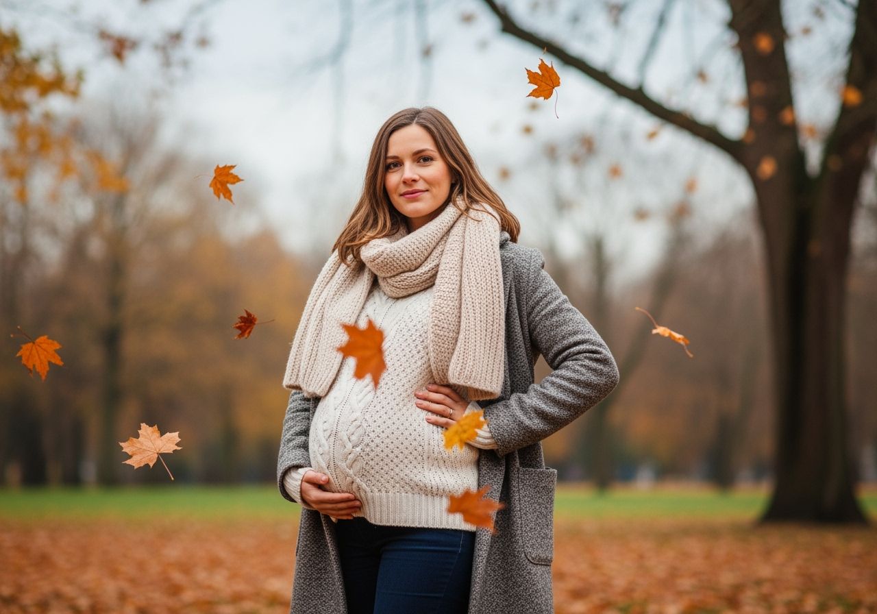Těhotná žena v teplém oblečení stojí venku na podzim mezi listím v parku při mírném světle