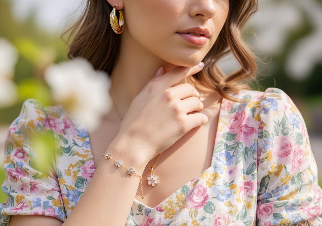 Mladá žena v květinových šatech s jarními šperky na rozostřeném přírodním pozadí
