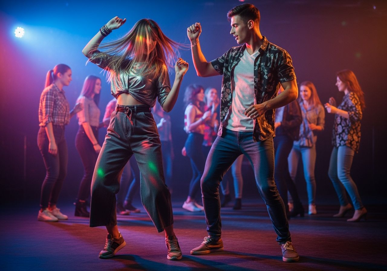 Mladý pár tančí v klubovém oblečení pod barevnými světly v živé klubové atmosféře.