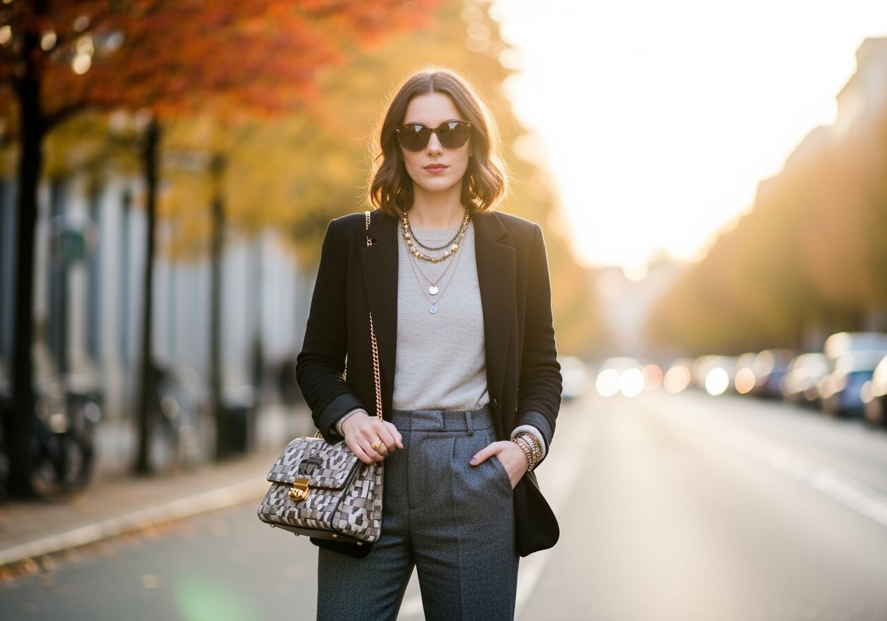 Mladá žena v módním oblečení stojí ve městě za zlaté hodiny se stíny a podzimními barvami.