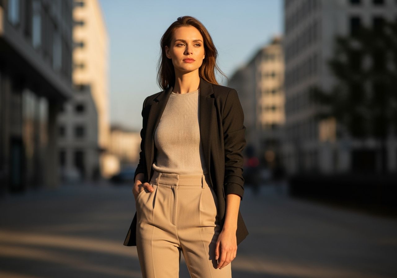 Žena v moderním městském prostředí, s upraveným oblekem a vysokým pasem, za zlaté hodiny.