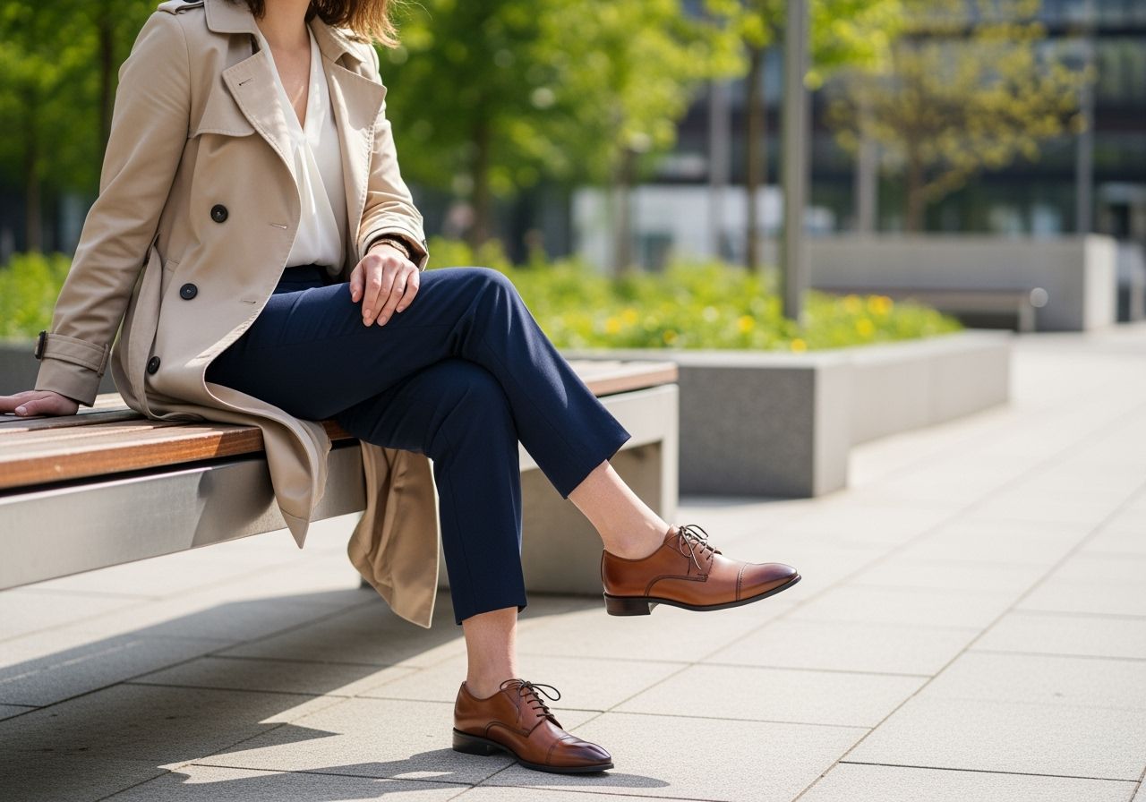 Žena v hnědých kožených oxfordkách sedí na lavičce v parku, oblečená ve smartcasual outfitu.