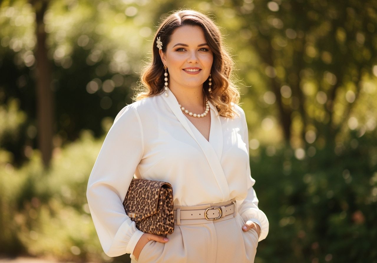 Žena v elegantním oblečení stojí venku s úsměvem, za ní rozmazaná zeleň.