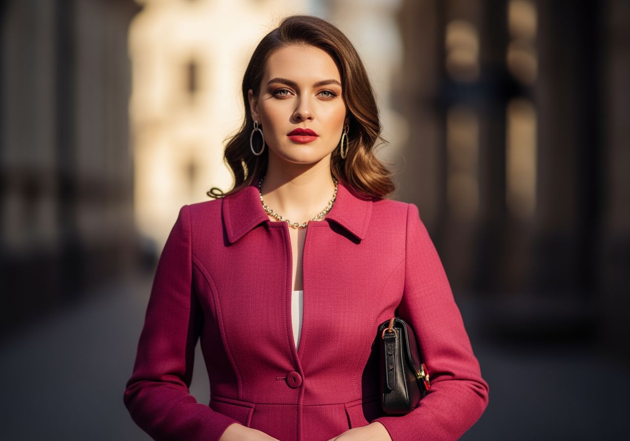 Mladá žena v malinovém saku s výraznou rtěnkou stojí venku s rozmazaným městským pozadím.