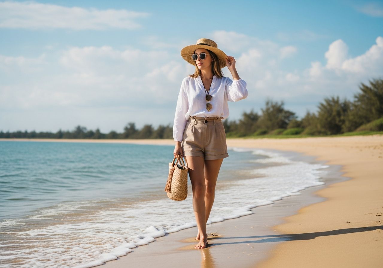 žena v bílé blůze a klobouku chodí po pláži s taškou při moři a modré obloze