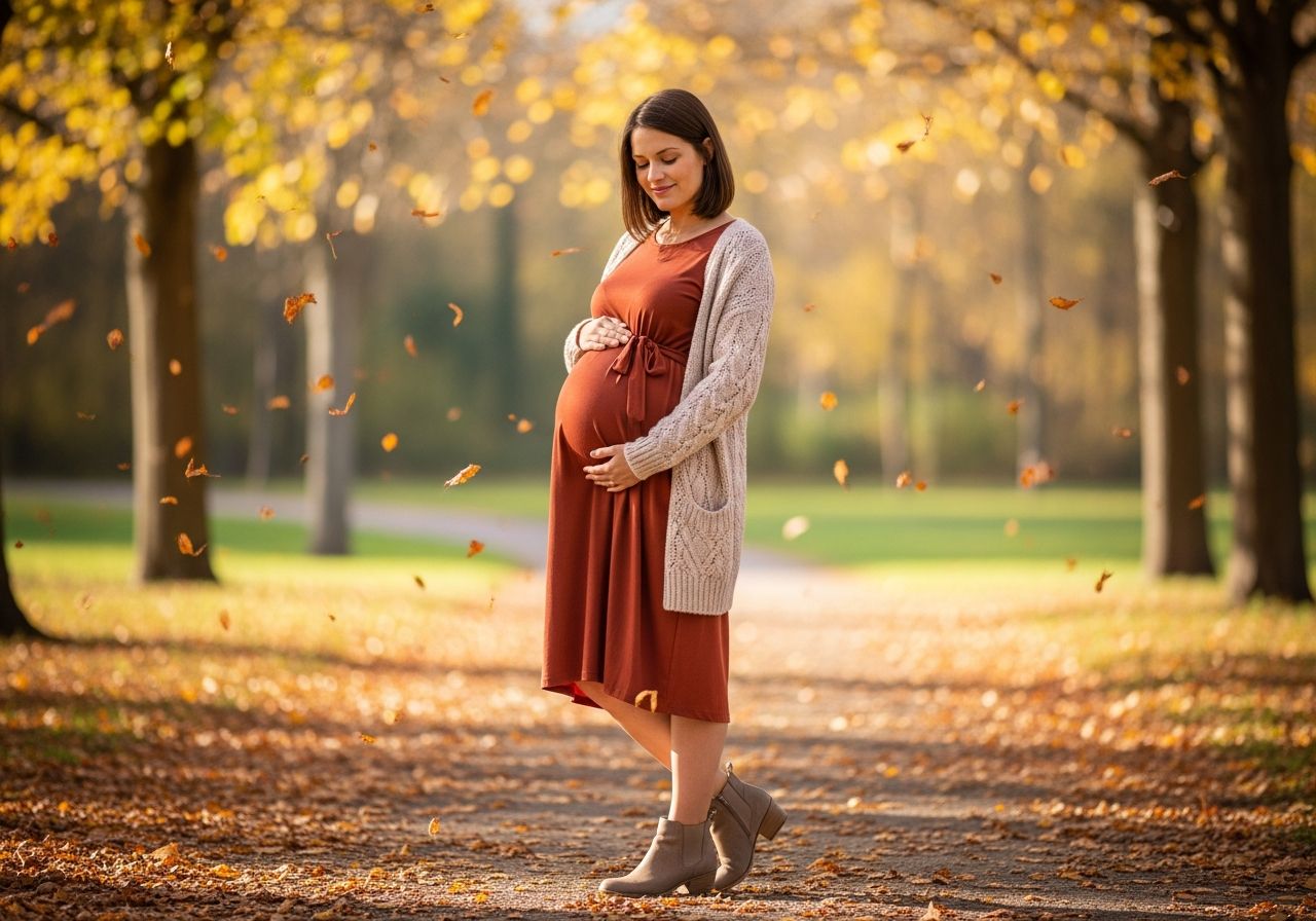 Těhotná žena drží břicho v šatech na podzimní procházce mezi barevnými listy