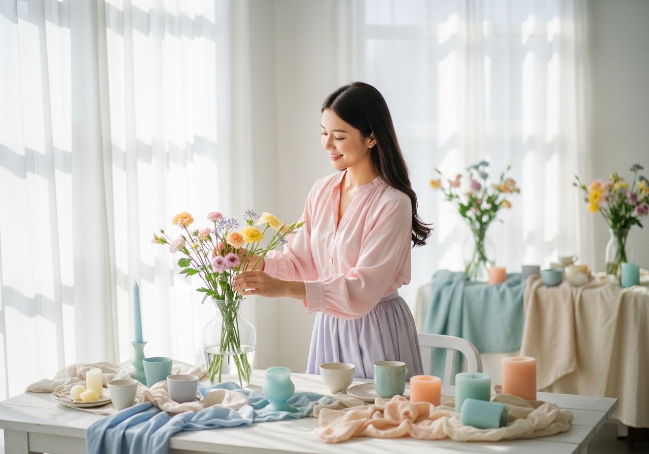 Mladá žena aranžuje pastelové květiny ve světlé místnosti s dřevěným stolem a jemnými dekoracemi.