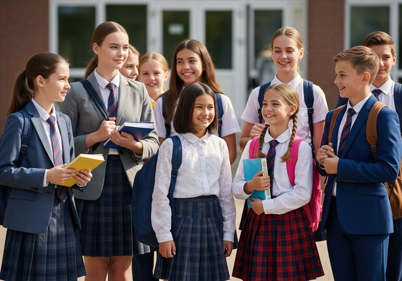 Skupina školáků v moderních uniformách stojí před školou za denního světla s batohy a knihami.