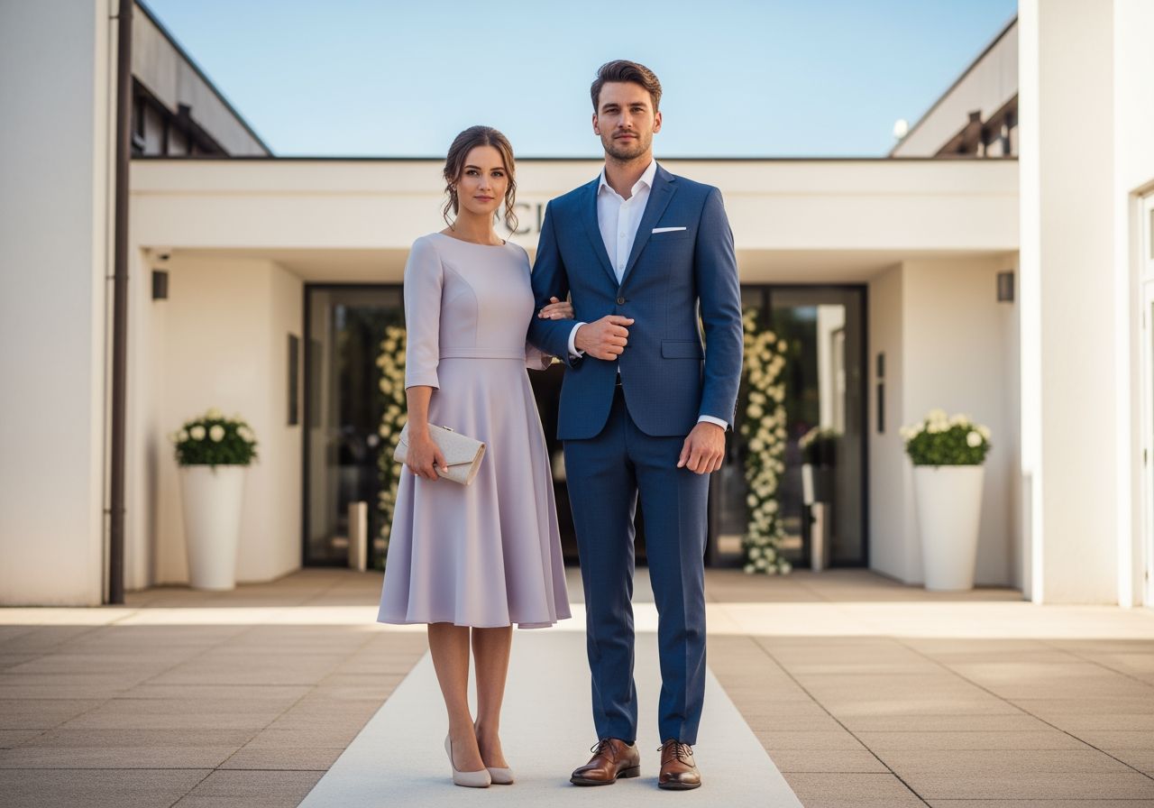 Mladý pár před obřadem u moderního vstupu, žena v pastelových šatech, muž v tmavém obleku.