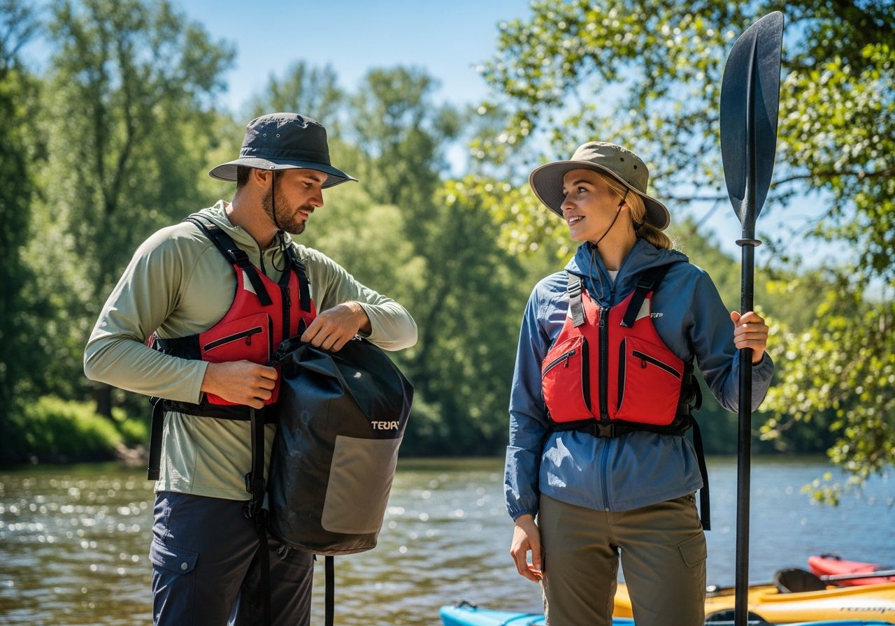 Mladý pár u řeky připravuje kajak, oblečeni v venkovním oblečení a plovací vesty.