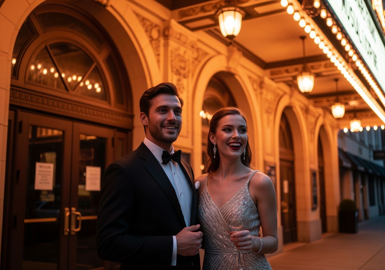 Muž v smokingu a žena v koktejlových šatech před divadlem večer pod světly.