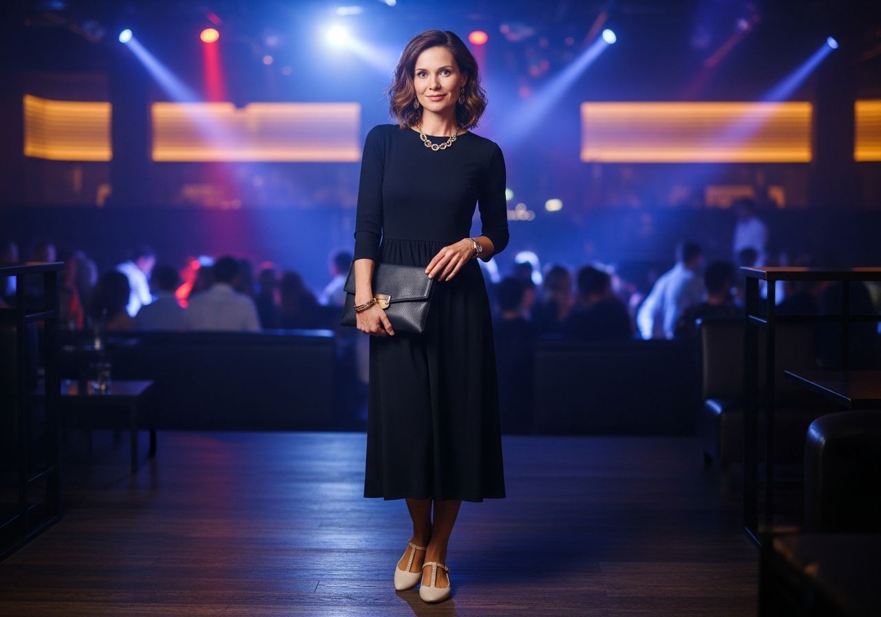 Žena ve stylových šatech a nízkých podpatcích v moderním klubu s barevným osvětlením.