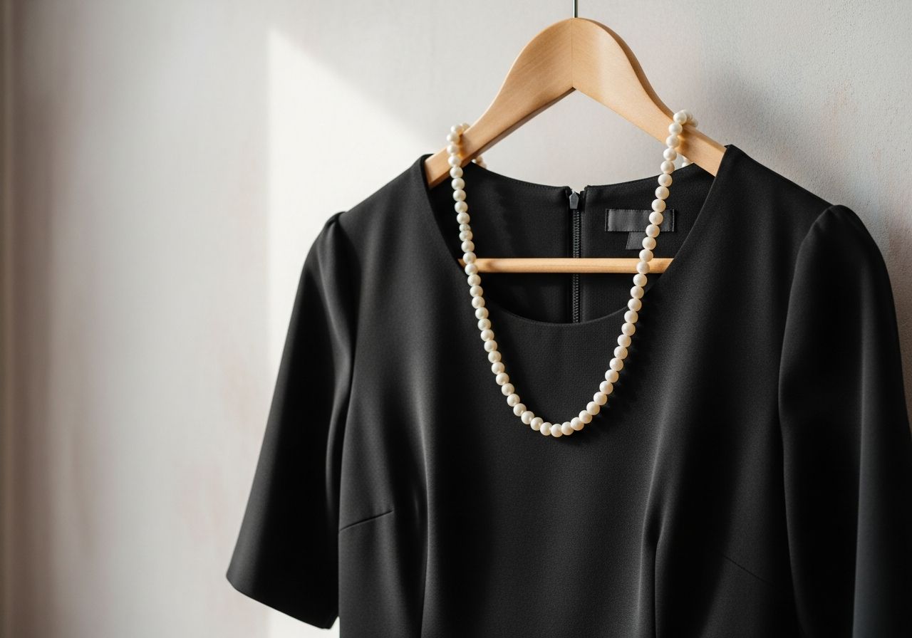 Klasické černé šaty na dřevěném ramínku s perlovým náhrdelníkem na neutrální texturované stěně
