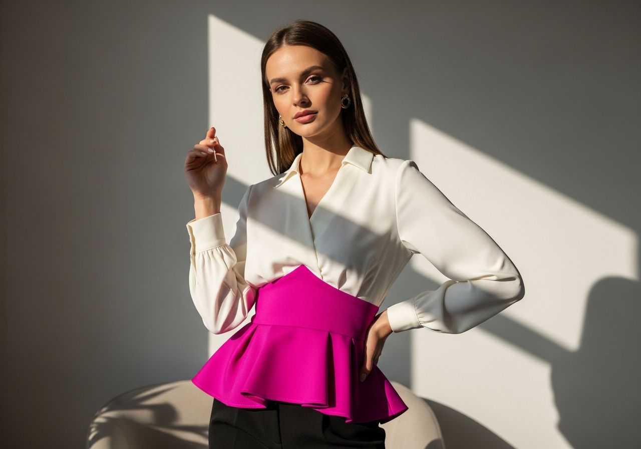 Žena v moderní blůze s peplum detaily stojí v přirozeném světle na neutrálním pozadí.