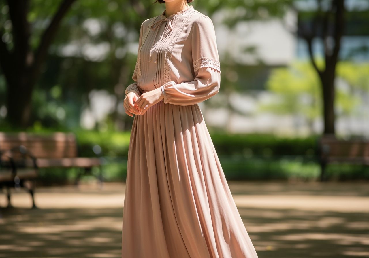 Mladá žena v lehké sukni a blůze stojí venku v parku za slunečného dne.