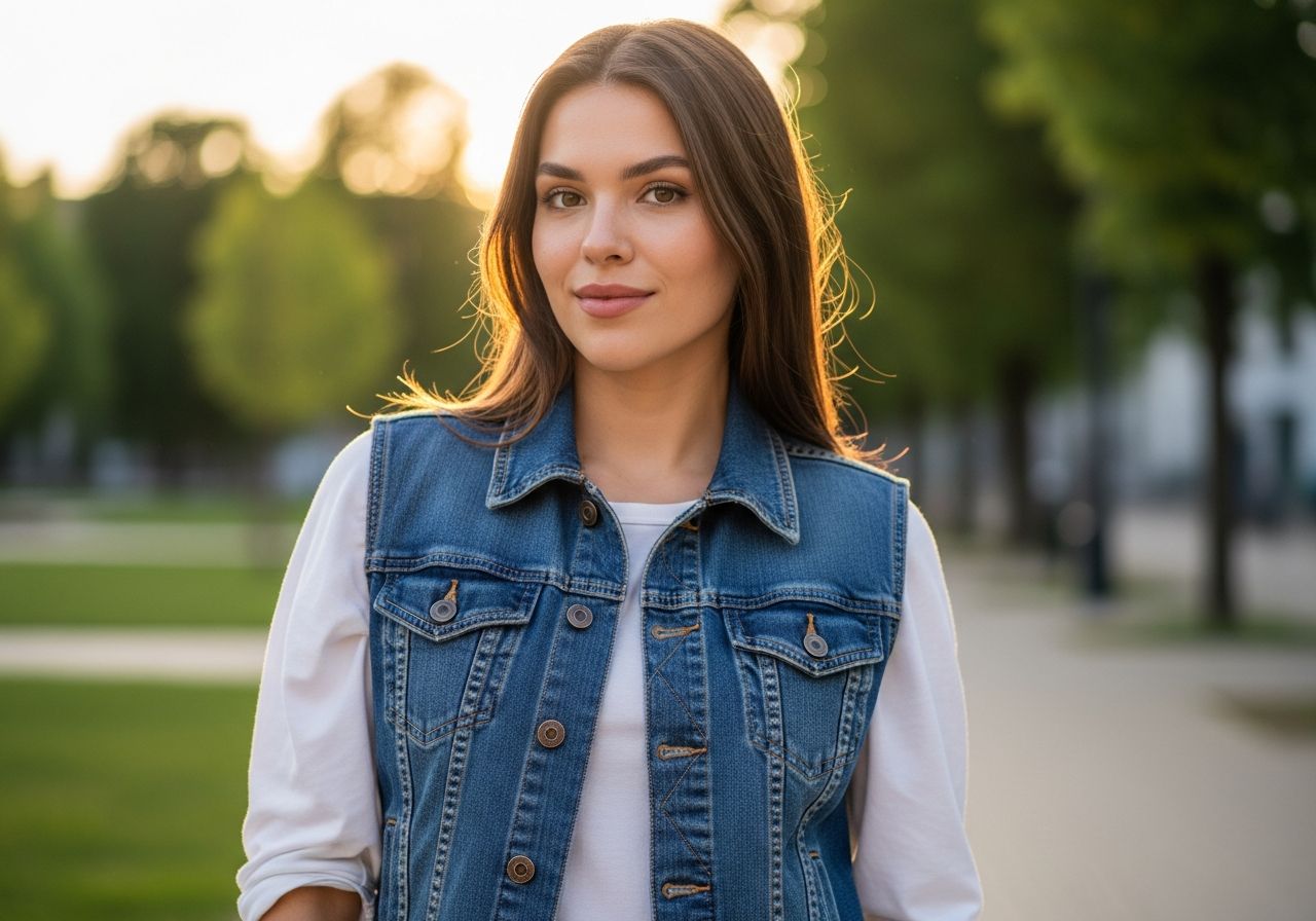 Mladá žena v džískové vestě a bílé košili venku v parku za zlaté hodiny světla.