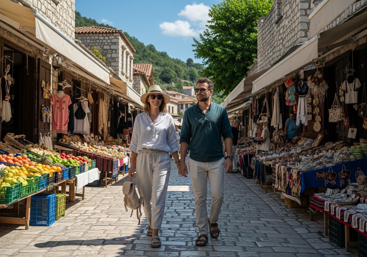 Turistický pár v lehkém oblečení prochází trhem v Albánii za dne pod modrou oblohou