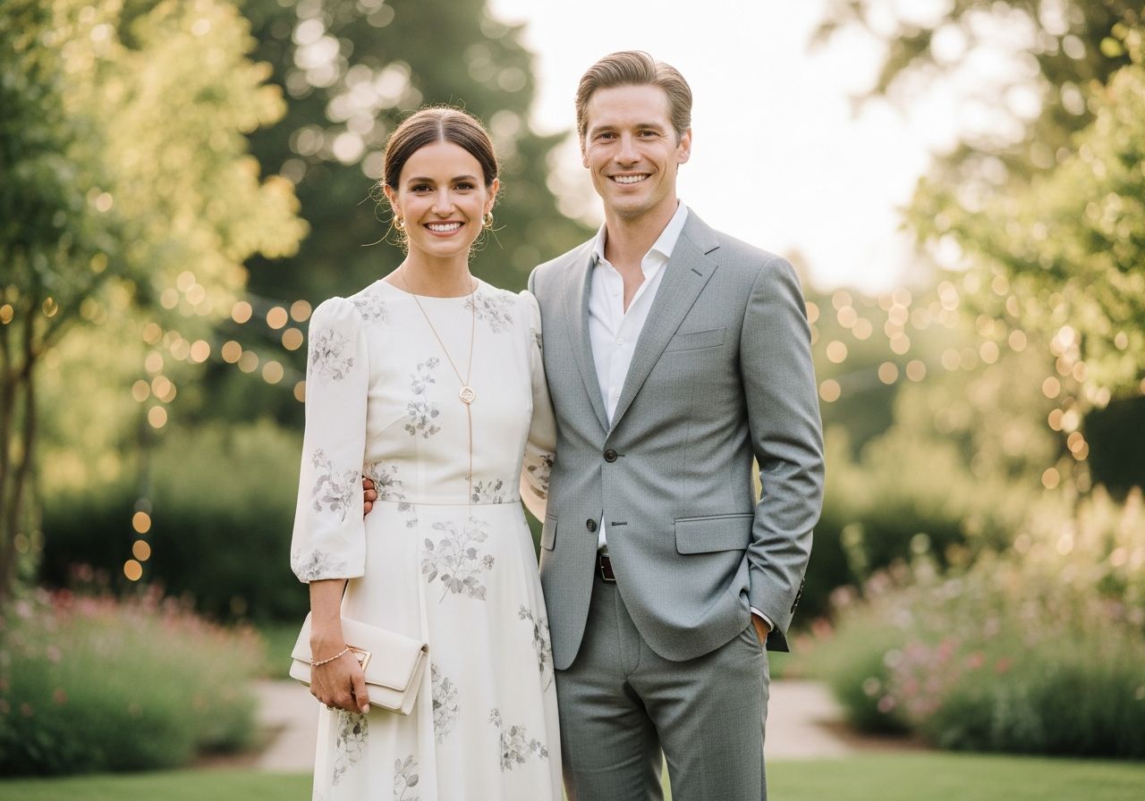 Stylový pár venku v zahradě, žena v midi šatech, muž v šedém obleku bez kravaty, oba se usmívají.