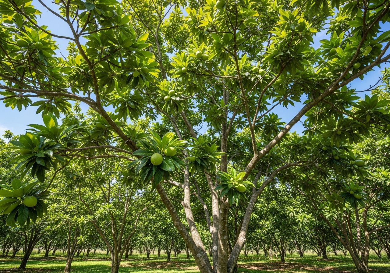 Fotorealistický sad stromů ramón s listy a plody pod modrou oblohou v přirozeném světle