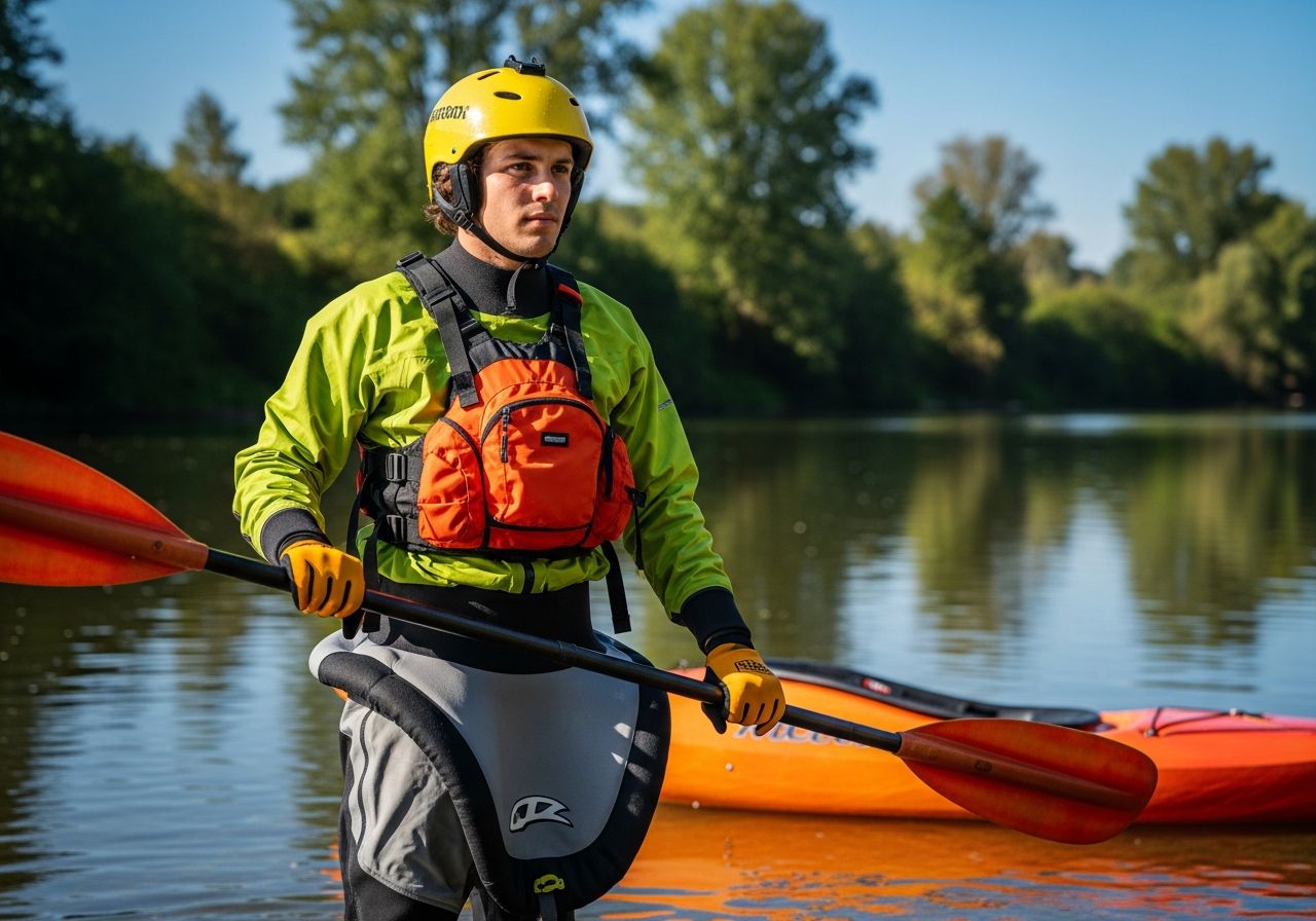 Mladý kajakář v ochraném vybavení stojí u klidné řeky s pádlem, připraven na vodní dobrodružství.