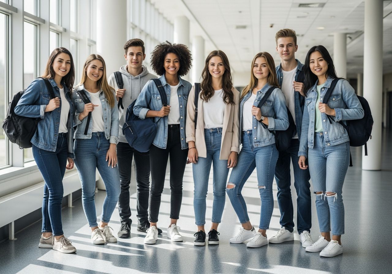 Skupina studentů ve školní chodbě, oblečených ležérně, s batohy, přirozené světlo okny.