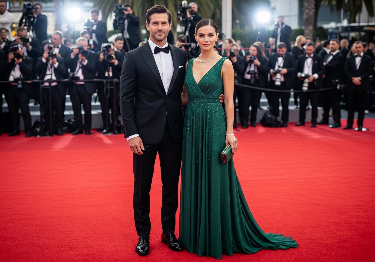 Muž v černém smokingu a žena v zelených večerních šatech pózují na červeném koberci s fotografy.