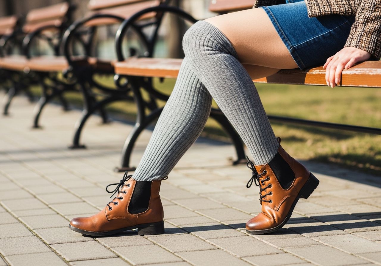 Žena sedí na lavičce v parku, má na nohou vysoké ponožky a kotníkové boty, detail nohou.