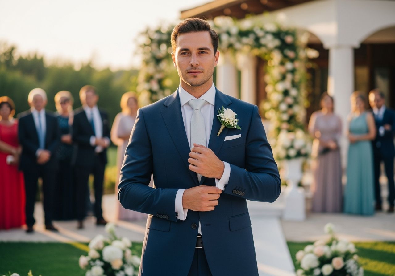 Muž v tmavě modrém obleku nastavuje manžetové knoflíčky na svatbě během zlaté hodiny