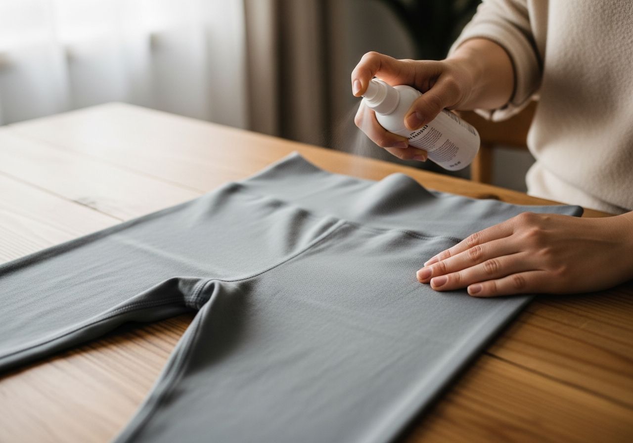 Osoba nanáší ošetřující sprej na legíny na dřevěném stole, pozornost věnovaná látce a detailům.