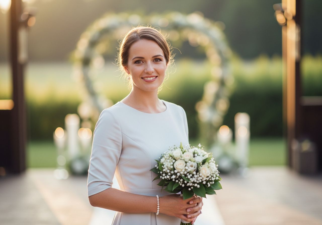 Žena v pastelových šatech s kyticí na svatební oslavě za zlaté hodiny venku.