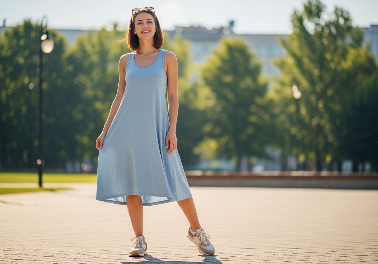 Mladá žena v sportovních šatech a teniskách stojí v parku, detailní záběr na boty a tkaniny.