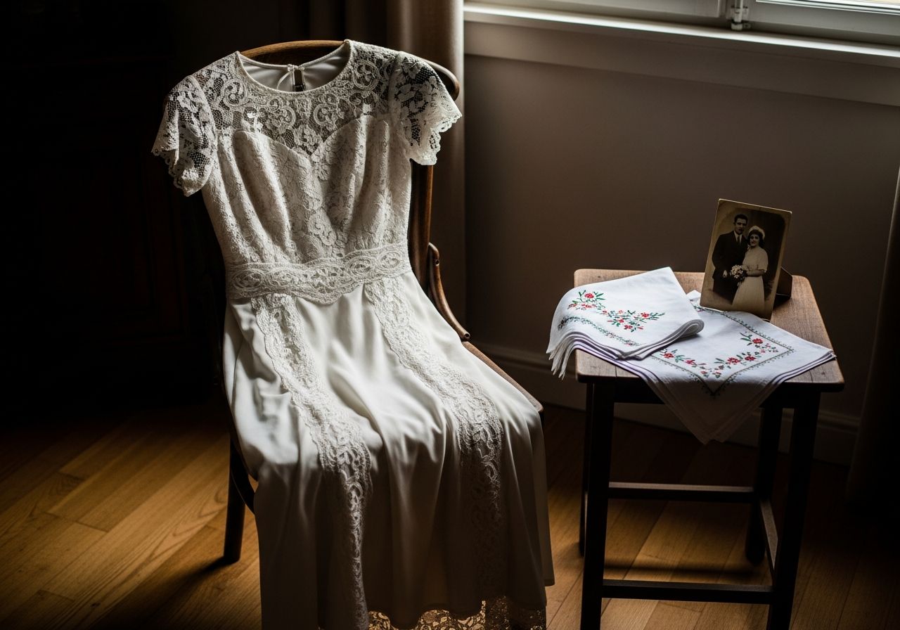 Staré svatební šaty na židli vedle stolu s kapesníkem a starou fotografií v teplém osvětlení pokoje