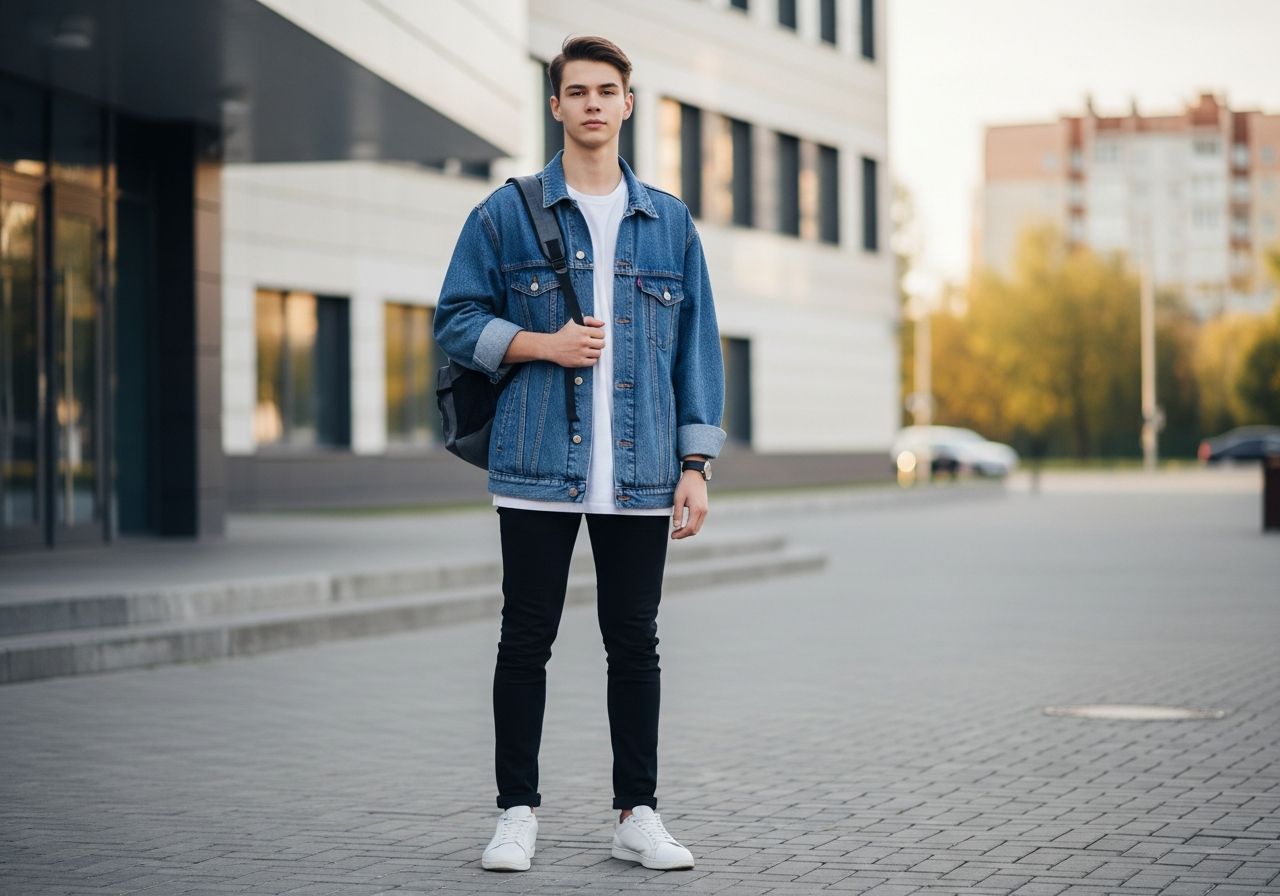 Student v denim bundě a černých džínách stojí před moderní školou s batohem přes rameno.
